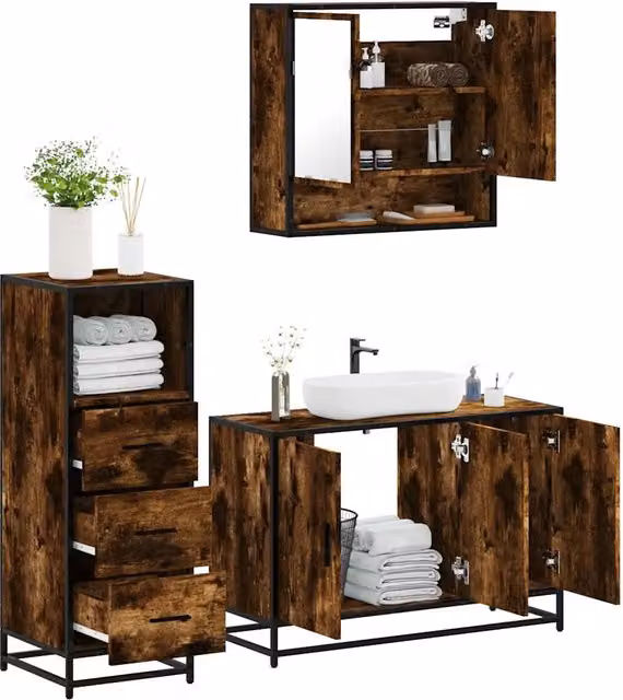 Set Mobili da Bagno 3 pz Rovere Fumo in Legno Multistrato 3301042