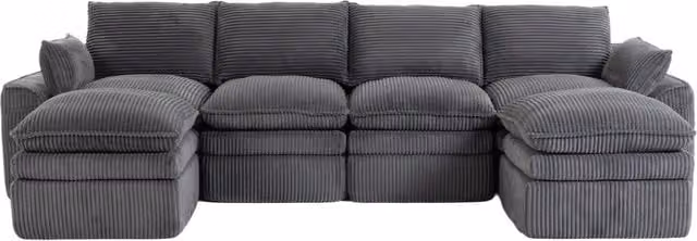 Divano modulare 4 posti in velluto a coste con 2 pouf, cuscini inclusi, rivestimento grigio scuro