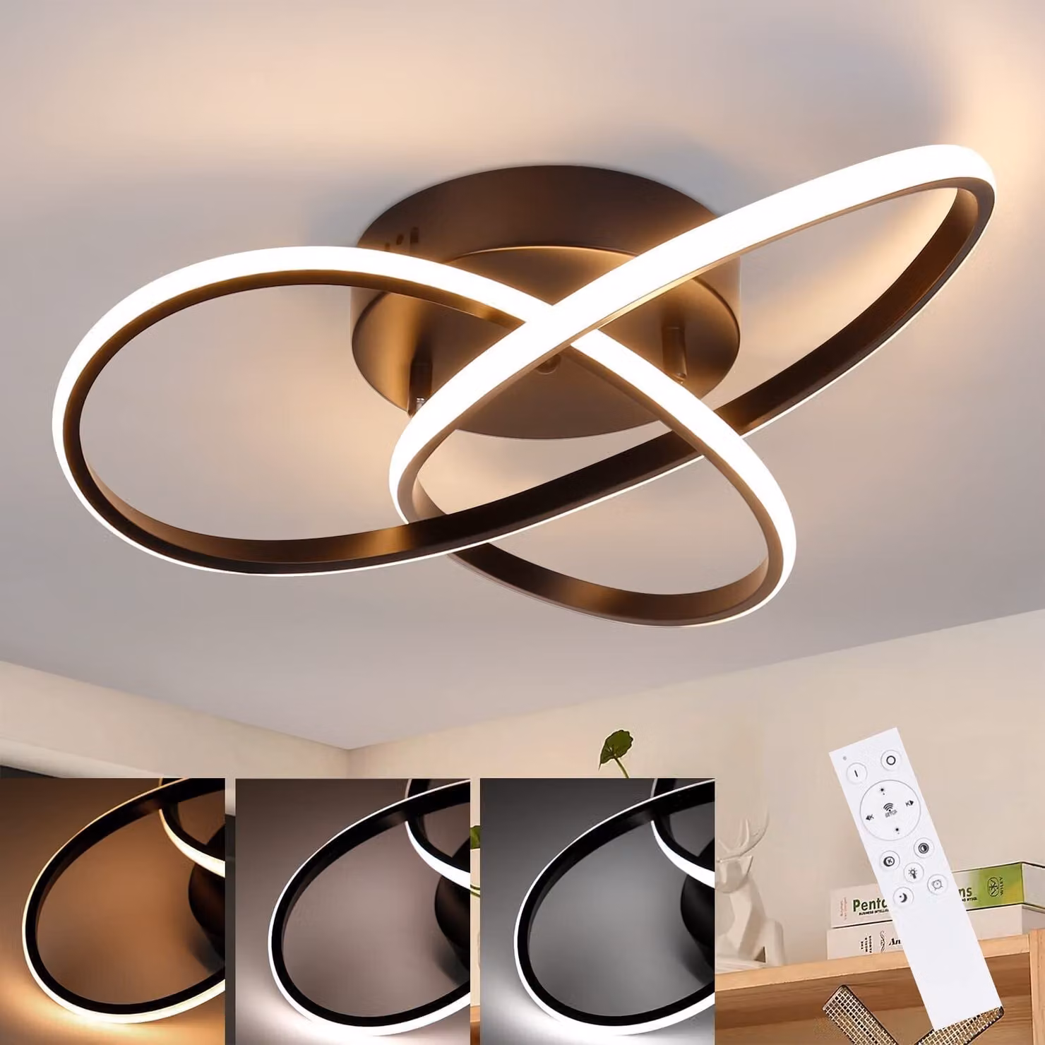 ZMH Lampada da soffitto Dimmerabile a LED nero con telecomando 40CM 33W Moderna lampada di design geometrico per soggiorno camera da letto cucina corridoio