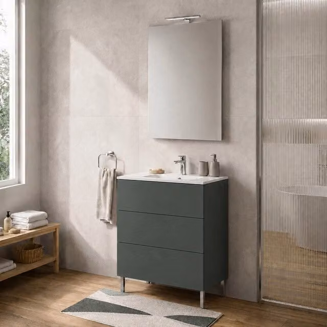 Mobile bagno a terra Tierra INBAGNO verde con tre cassetti push-pull e lavabo L: 60 cm, P: 45 cm, H: 84 cm
