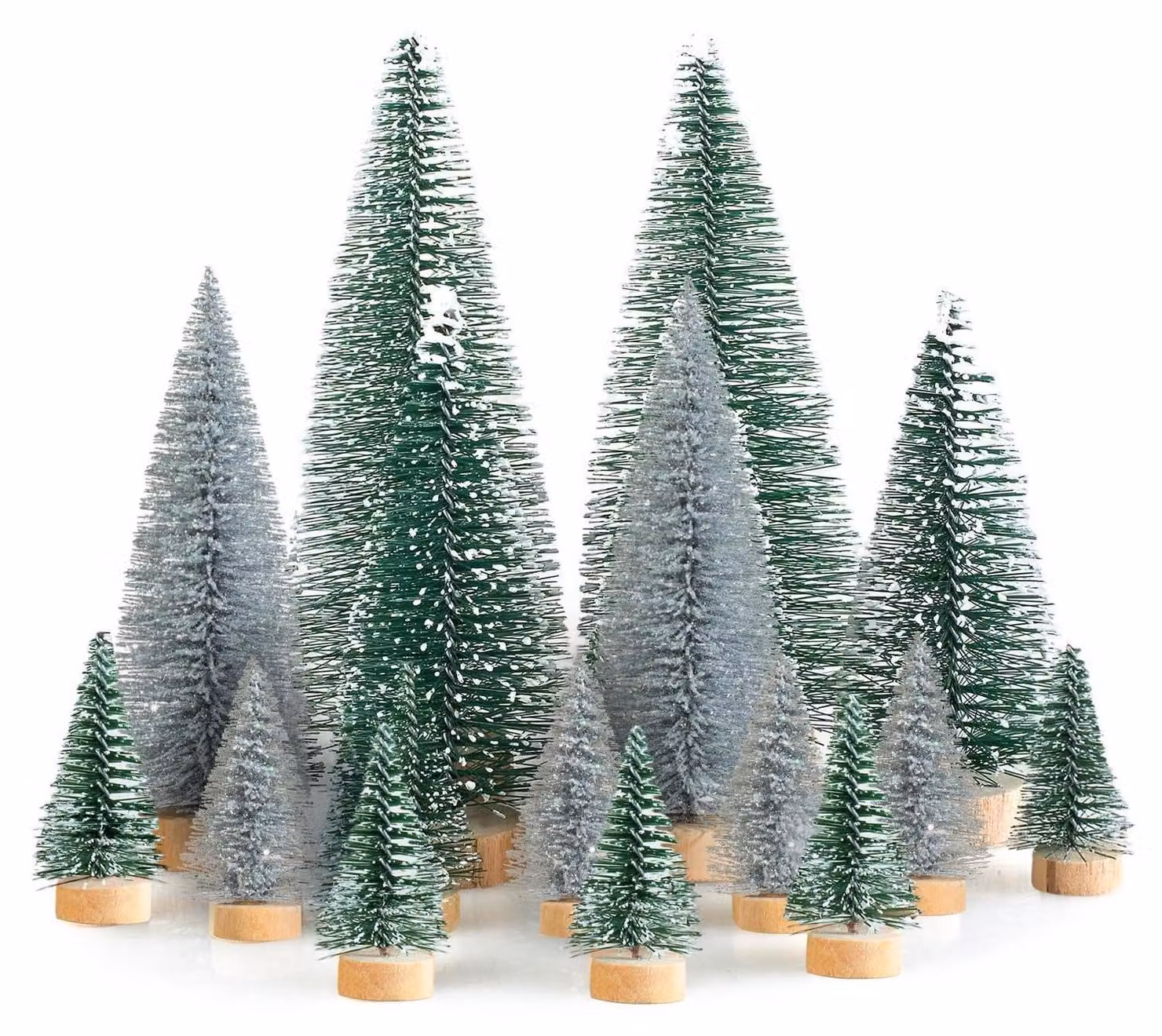 Mini alberelli di Natale decorativi, 16 pezzi, verde e argento, 4,5/10/15 cm, artificiali