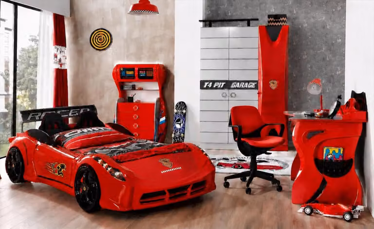 Letto per bambini a forma di automobile, scrivania, cassettiera, armadio, set