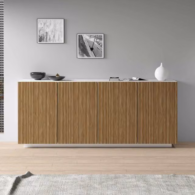 WHOUS Credenza Coste a 4 ante effetto cannetè bianco opaco e legno chiaro 200x43x86 cm