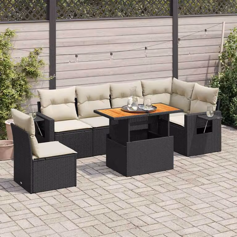 Set Divano da Giardino a L vidaXL in Polyrattan Nero con 7 Cuscini e Tavolino da Esterno