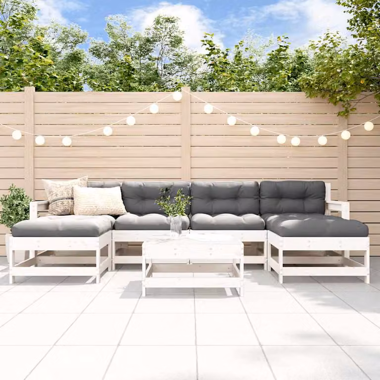 vidaXL Set Salotto da Giardino a L in Legno di Pino Bianco con Cuscini, 7 Pezzi
