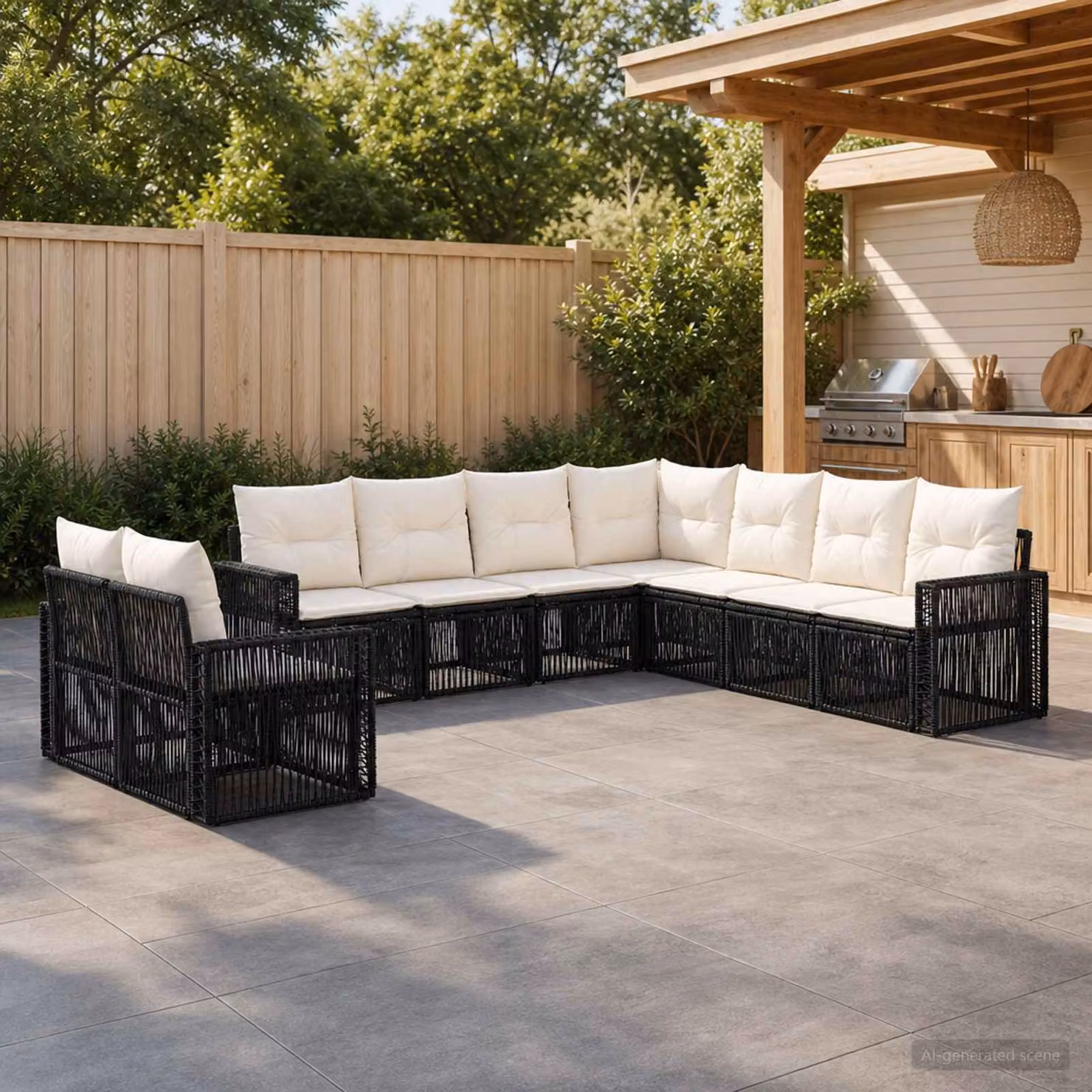 Set Divano da Giardino vidaXL 9 pz a forma di U in Polyrattan con Cuscini, Colore Nero e Bianco Crema