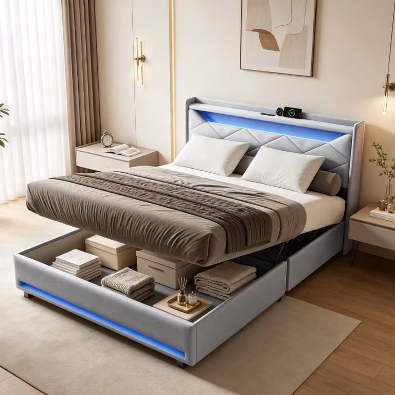 Letto imbottito INONEFT 160x200 cm con LED USB, letto matrimoniale con testiera, letto per ragazzi, letto box con sistema di sollevamento idraulico, letto contenitore con rete a doghe, tessuto in lino, colore grigio