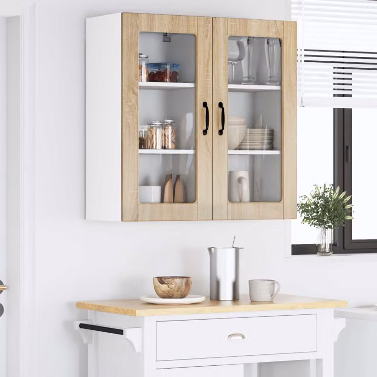 Set di 2 mobili da parete LUCCA vidaXL con ante in vetro e ripiani interni, colore Rovere Sonoma/Marrone, L/P/H: 80 x 31 x 40 cm