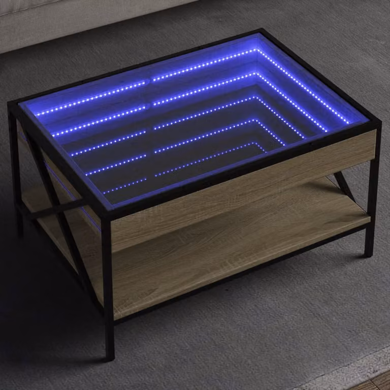 Tavolino da salotto moderno vidaXL Infinity con LED in rovere sonoma e vetro, L 70 cm x P 50 cm x H 38 cm