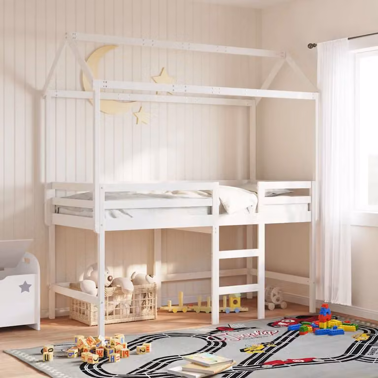 vidaXL Letto a Tetto per Bambini in Legno Massello di Pino Bianco L: 207 cm, P: 95,5 cm, H: 159 cm