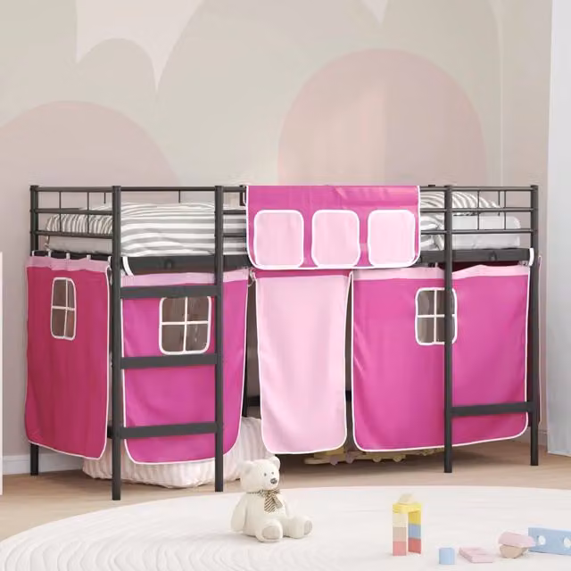 Letto a castello per bambini Design In in metallo con scala e tendine, Nero e Rosa, L/P/H: 194 x 80 x 116 cm – 1