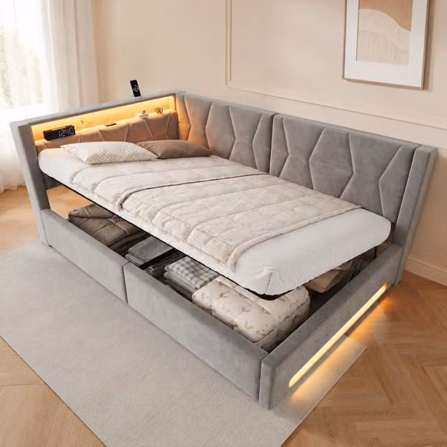 Letto contenitore 140x200 cm in velluto grigio scuro con LED e vano portaoggetti –