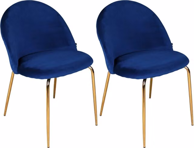 Set di 2 sedie da pranzo moderne Samira in velluto blu con dettagli oro e struttura in metallo