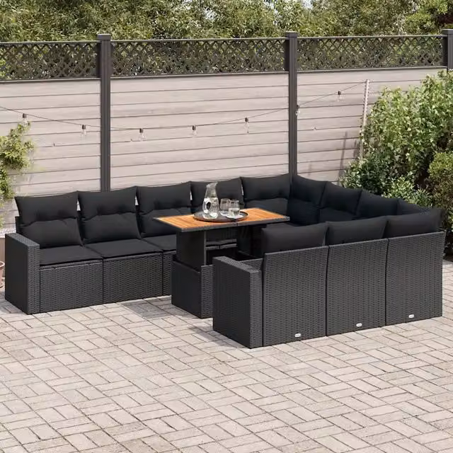 Set di divani da giardino a forma di U vidaXL in polyrattan nero con 11 pezzi e cuscini inclusi – 1