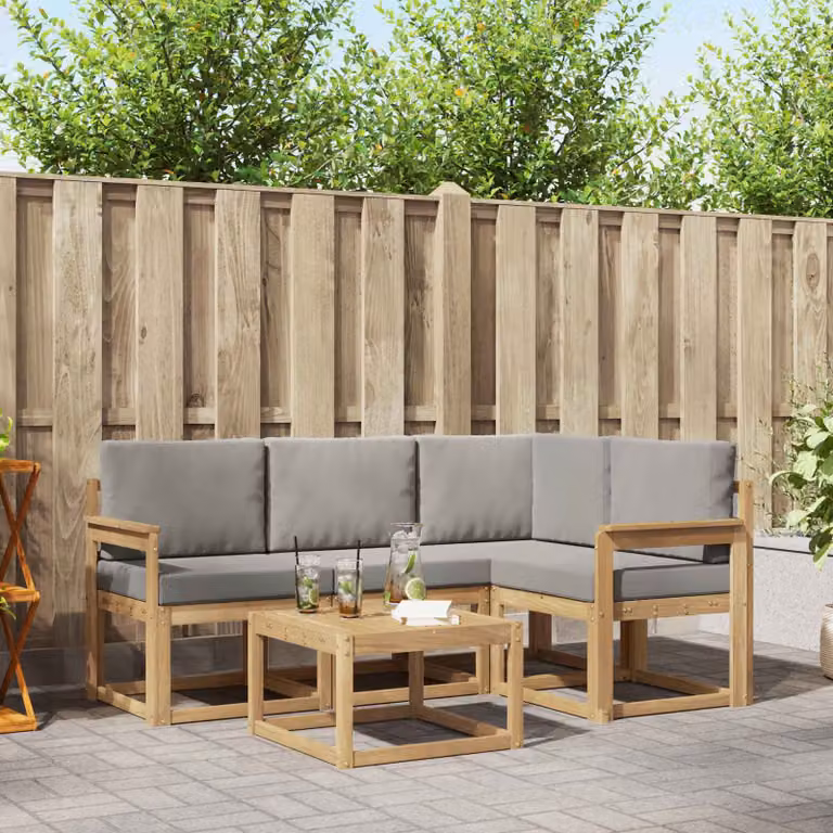 Set di divani da esterno vidaXL a forma di L con tavolo da caffè, composto da 5 pezzi in legno di acacia e tessuto, colori bianco, grigio e marrone