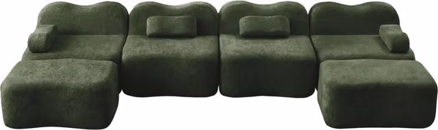 Divano modulare angolare a U da 4 posti in velluto verde con pouf coordinato e design moderno – 1