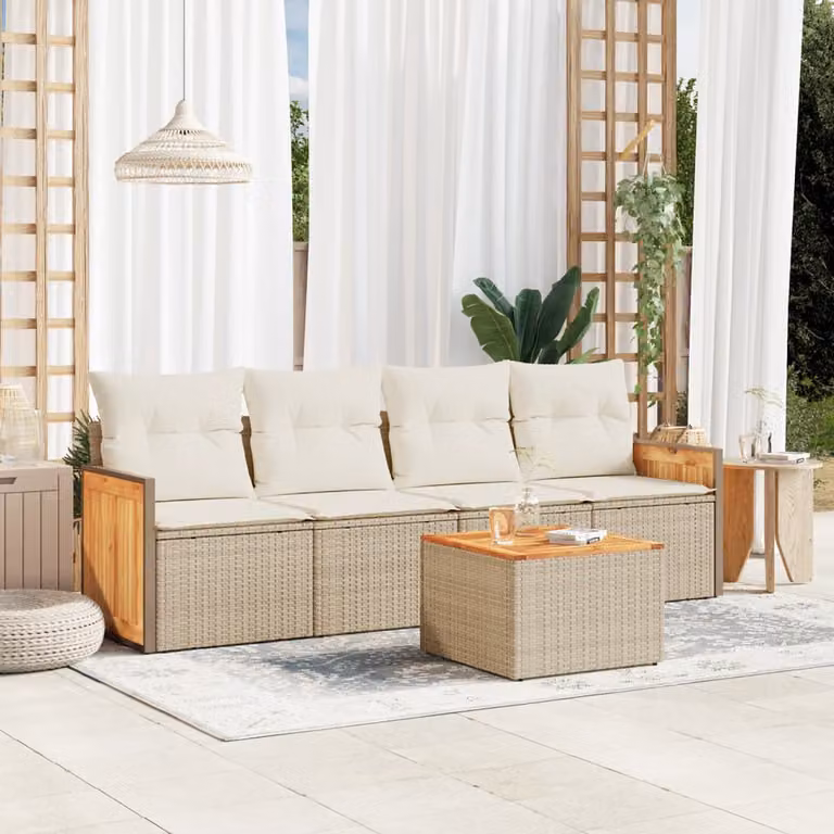 Set Divano da Giardino vidaXL 5 pz in Polyrattan Beige con Cuscini e Tavolino