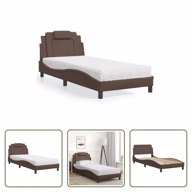 The Living Store Letto con materasso marrone 80x200 cm in ecopelle