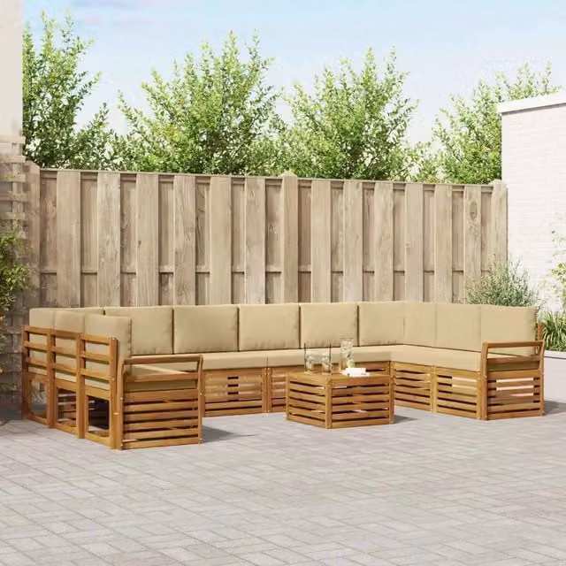 Set di divani da esterno a L con tavolo da caffè vidaXL in legno di acacia marrone e beige, composto da 11 pezzi con cuscini inclusi