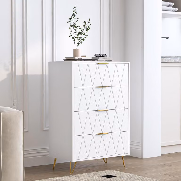 Comodino con 4 cassetti, dimensioni 60x34x90 cm, colore bianco, struttura in metallo
