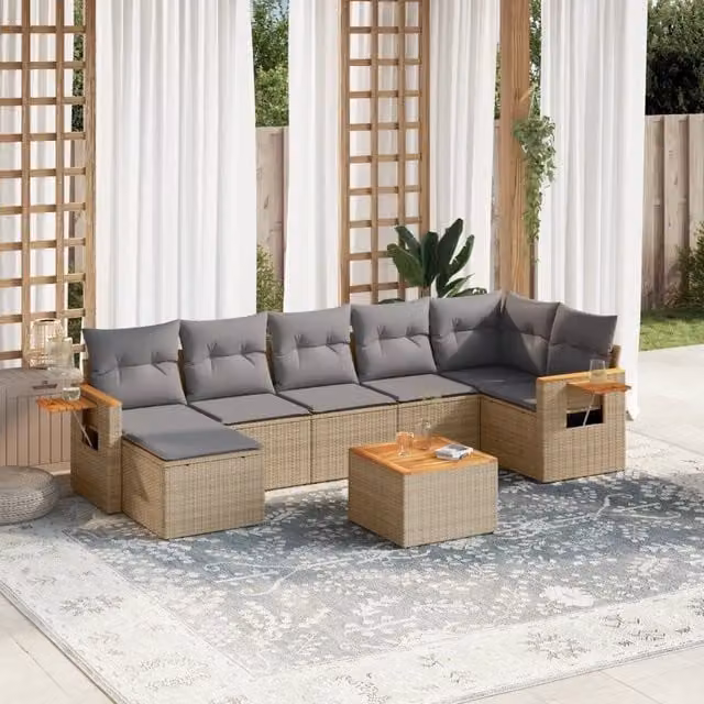 vidaXL Set Divano da Giardino 8 pz in Polyrattan con Cuscini Beige e Grigio e Tavolino da Esterno – 1