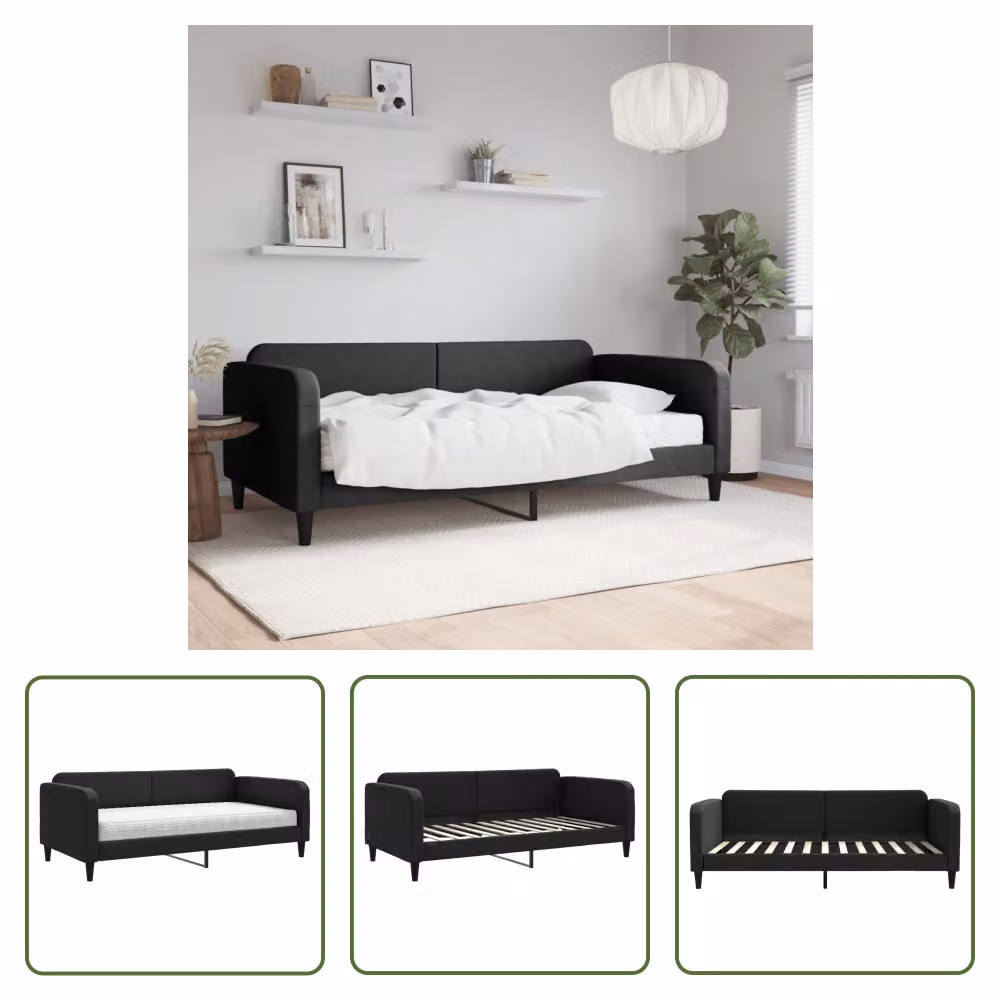The Living Store Letto da giorno con materasso nero 100x200 cm in tessuto