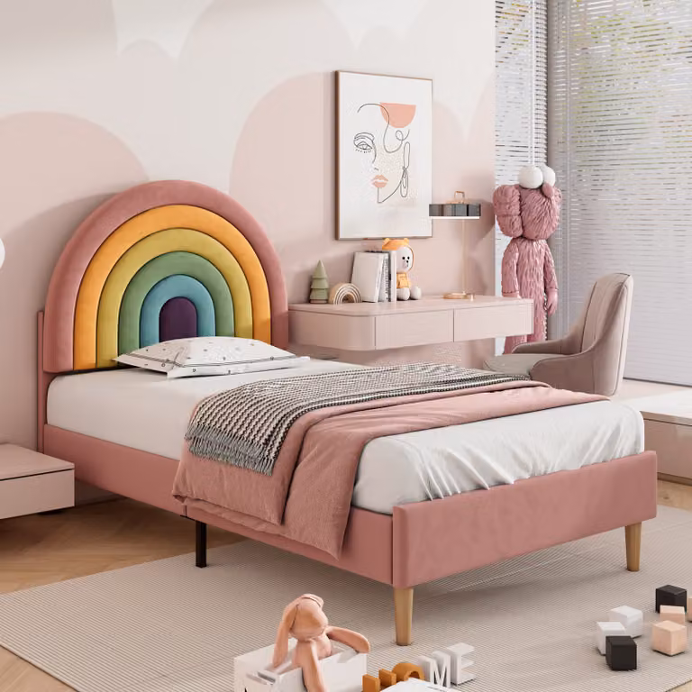 Letto per bambini STILVORA 90×200 cm letto per ragazzi imbottito con rete a doghe e testata arcobaleno regolabile in altezza, rivestimento in velluto, rosa (senza materasso)