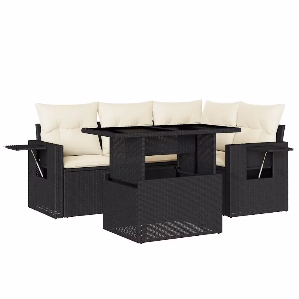 vidaXL Set Divani da Giardino 5 pz a Forma a L in Polyrattan Nero con Cuscini e Tavolino – 2