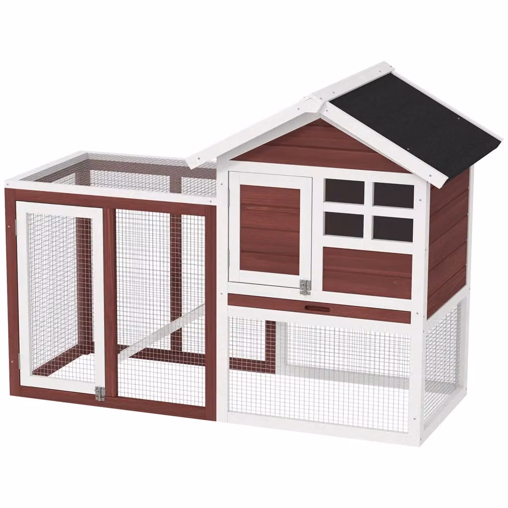 Gabbia multi-livello per conigli XYLO con rampa e 2 porte, recinto esterno in legno di abete, Rosso Mattone, L: 123,5 cm, P: 62,6 cm, H: 92,5 cm – 2
