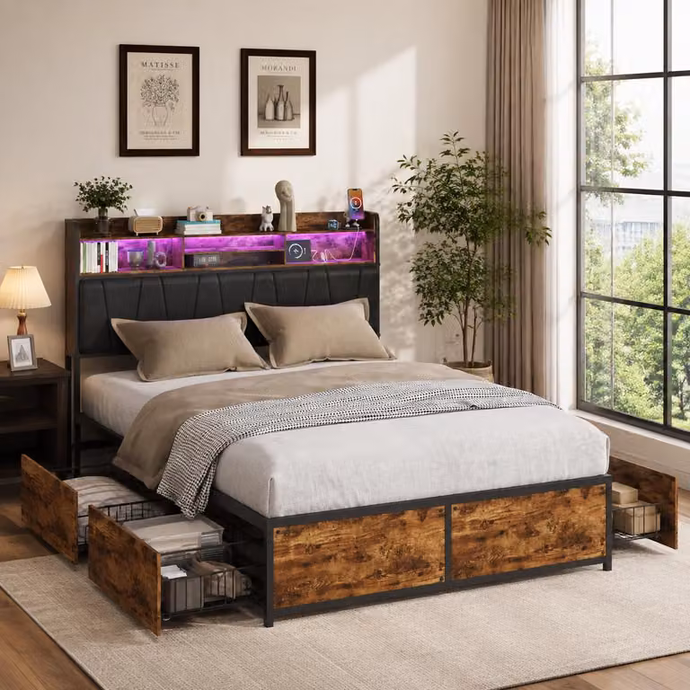 Letto imbottito INONEFT 140x200 con illuminazione LED, prese USB di tipo C e porte USB, letto in metallo per ragazzi con testiera e spazio contenitivo, 4 cassetti, rivestito in PU, colore nero