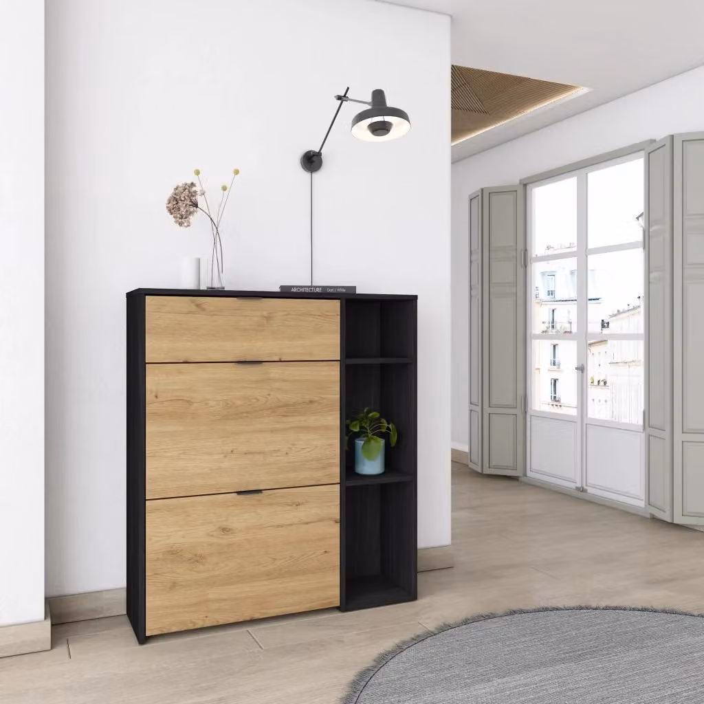 Scarpiera da ingresso Skraut Home con ante a battente, capacità 10 paia di scarpe, Nero e Rovere, L: 90 cm, P: 27 cm, H: 102 cm – 2