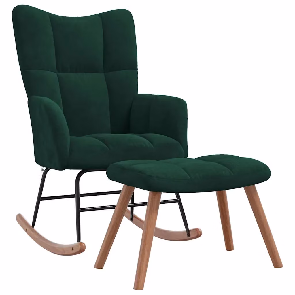 vidaXL Poltrona a Dondolo con Poggiapiedi in Velluto Verde con Struttura in Legno e Metallo – 2