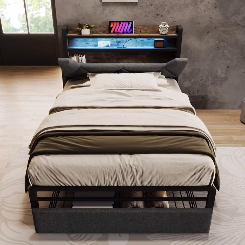 Letto Contenitore REDOM Grigio con Materasso Incluso, Testiera con Vani, Ripiani e Porte USB, Dimensioni: 90 x 200 cm – 2