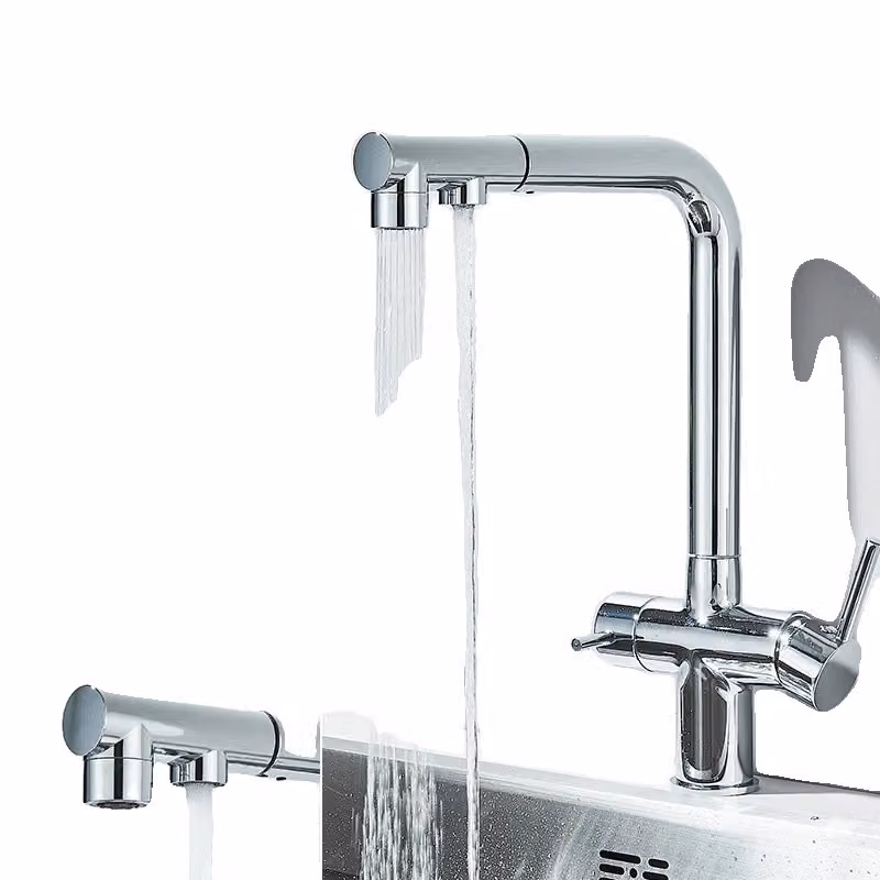 Rubinetto da cucina ad acqua filtrata, doppia maniglia, rotazione a 360°, doccetta estraibile , Cromo