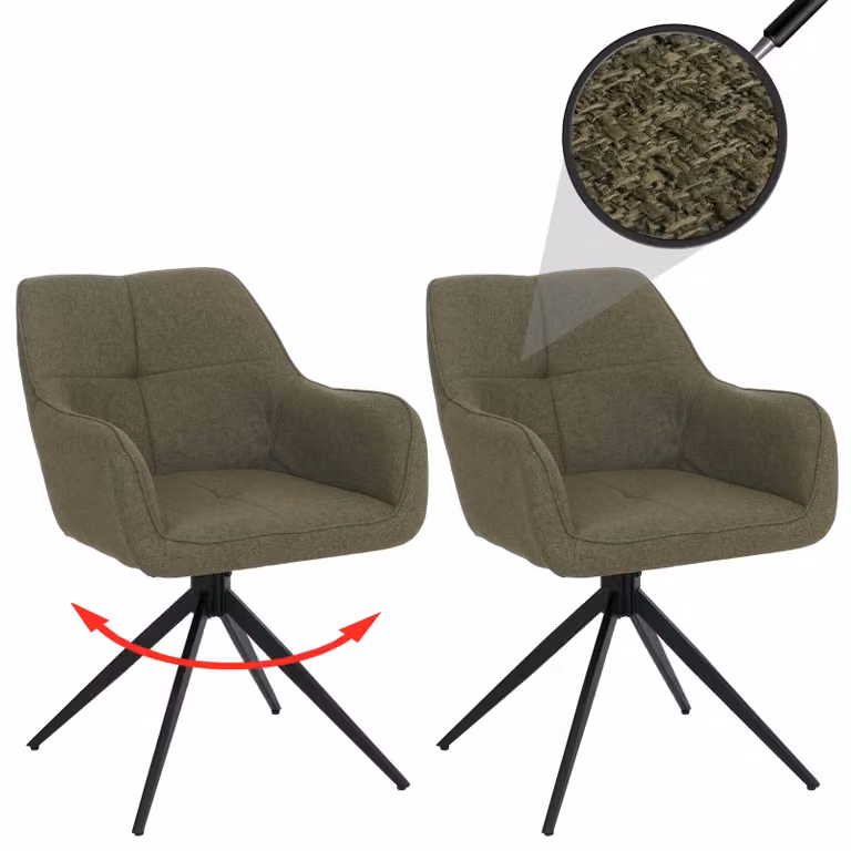 Set di 2 sedie da pranzo modello HWC-O47, sedia da cucina con braccioli, girevole con sistema di ritorno automatico, rivestita in tessuto (270g/m²), colore verde