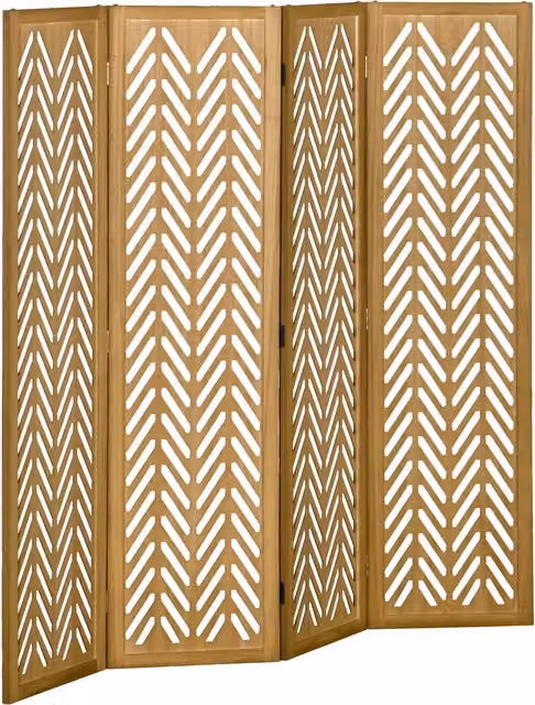 Paravento divisorio HOMCOM in legno traforato con design geometrico moderno, 4 pannelli pieghevoli, colore marrone naturale, H: 170 cm, L: 160 cm – 1
