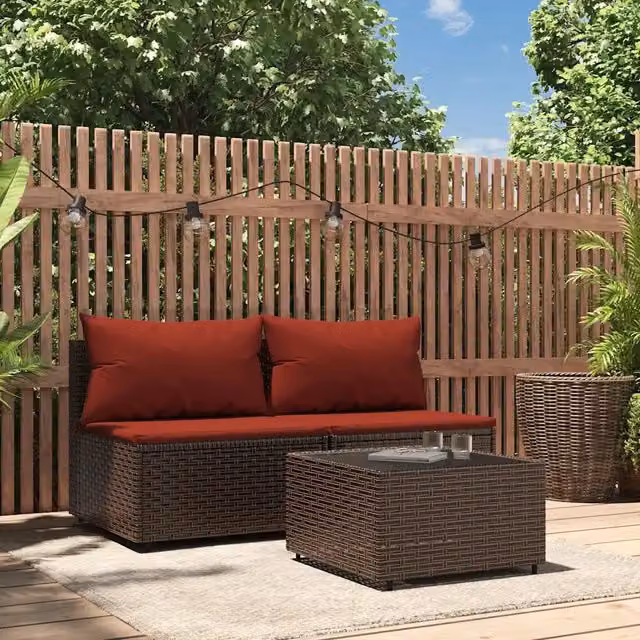 Set Mobili da Giardino Moderno vidaXL in Polyrattan Marrone con Cuscini e Tavolo in Vetro