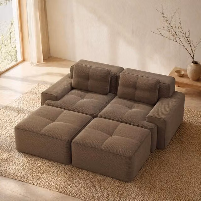 Divano modulare a U 204x177x69 cm in tessuto marrone, senza montaggio, per soggiorno –