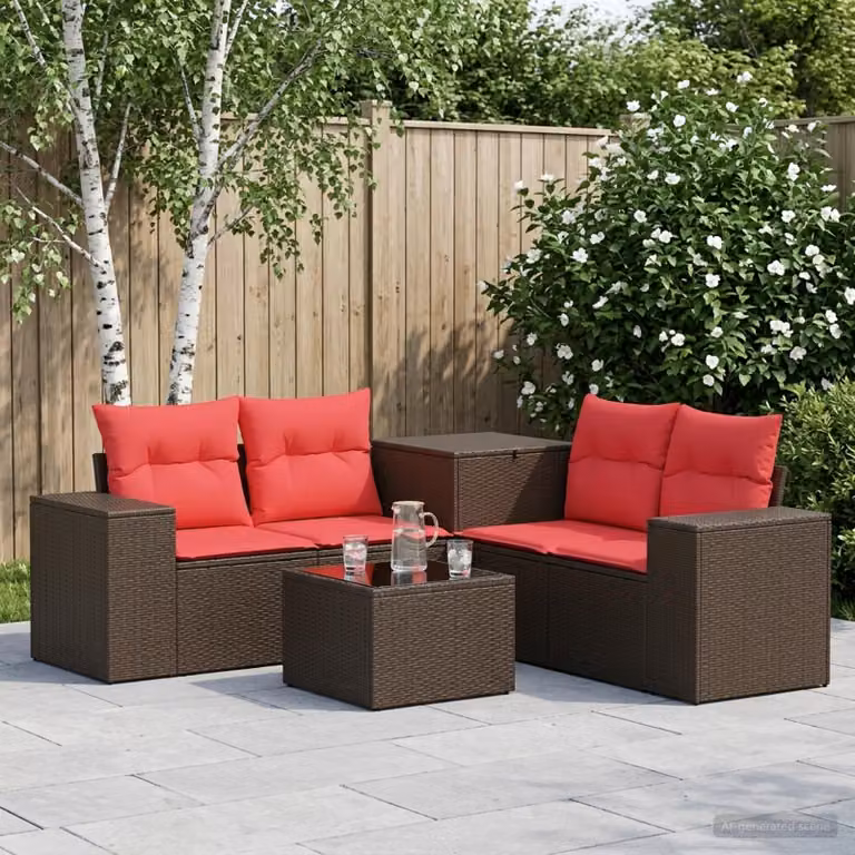 Set di divani da giardino vidaXL a forma di L composto da 6 pezzi in rattan e acciaio con cuscini inclusi, colore marrone e rosso