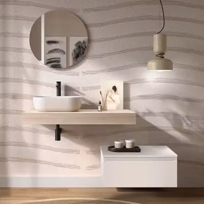 Composizione bagno Sumo con mensolone da 120 cm in rovere bali e cassettiera sospesa da 80 cm in bianco opaco – 1