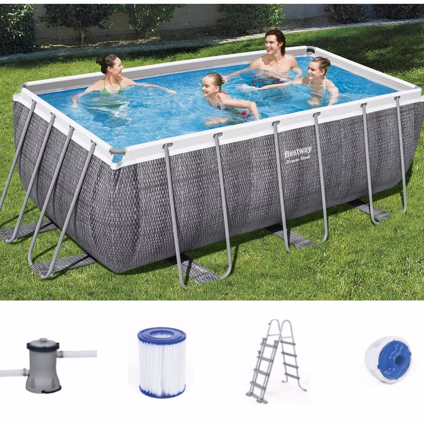 Set piscina Bestway® Power Steel™ Frame con pompa filtro 412 x 201 x 122 cm, look rattan (grigio ardesia), rettangolare