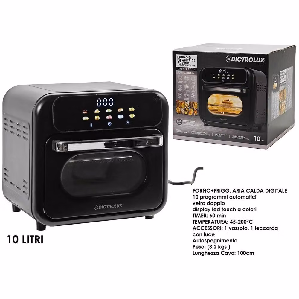 Trade Shop Traesio Forno Friggitrice Ad Aria Multifunzione da 10lt, 870w, Nero, con Display Touch LED e 10 Programmi – 2