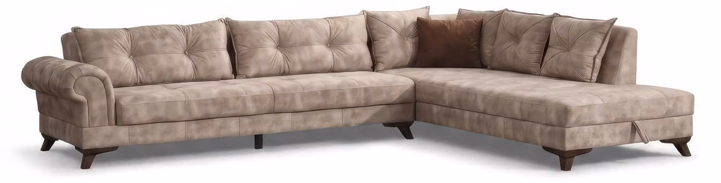 Divano angolare a forma di L, moderno, marrone, confortevole. Divano angolare imbottito, nuovo