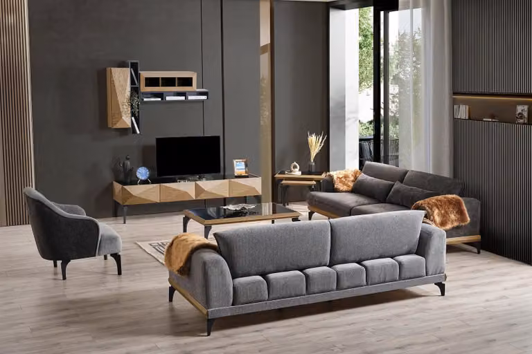 Komplette Wohnzimmer Graue Garnitur Polstersofa Textilsessel Tische
