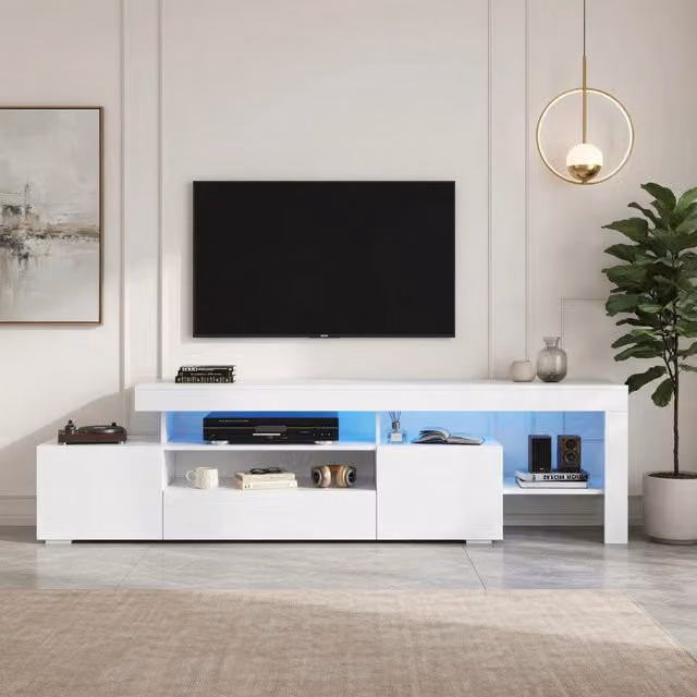 Cassettiera TV moderna KOMHTOM bianca con illuminazione integrata L: 192 cm, P: 37 cm, H: 53 cm