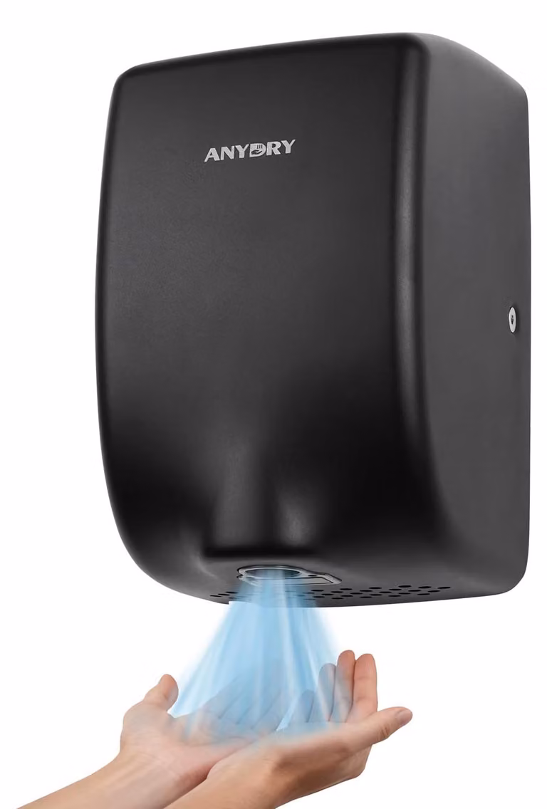 Asciugamani elettrico compatto, 1350W, nero, in acciaio inossidabile, salvaspazio