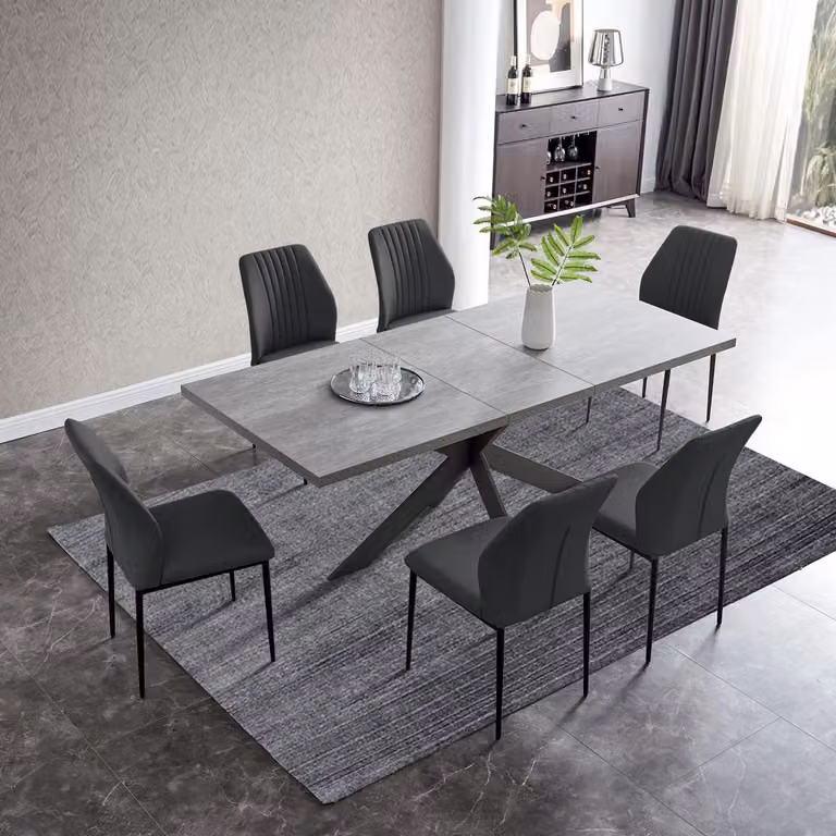 Tavolo allungabile con 6 sedie, tavolo moderno in MDF grigio, dimensioni 130-170 cm + 6 sedie nere
