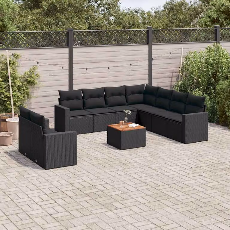 Set di Divani da Giardino vidaXL 10 Pezzi in Polyrattan Nero con Cuscini e Tavolino da Esterno a Forma di L