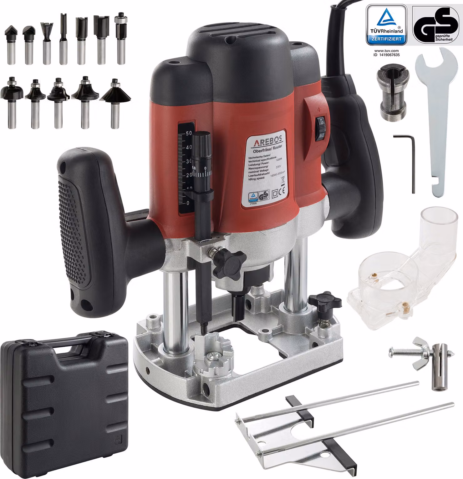 Pantografo AREBOS con valigetta, 1200 W, Ø 6 e 8 mm + set di frese da 12 pezzi