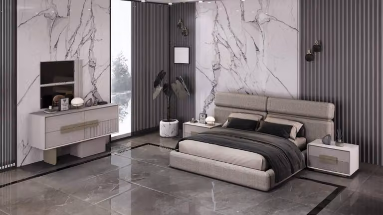 Letto moderno con morbida testiera ed eleganti comodini.